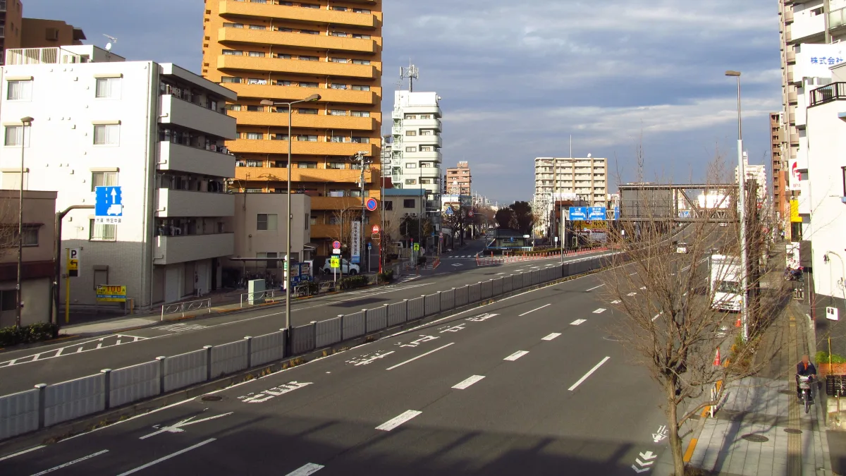 片側3車線の日本の国道。中央分離帯で上下線が分けられ、路面に車線の白線と進行方向の矢印が引かれている